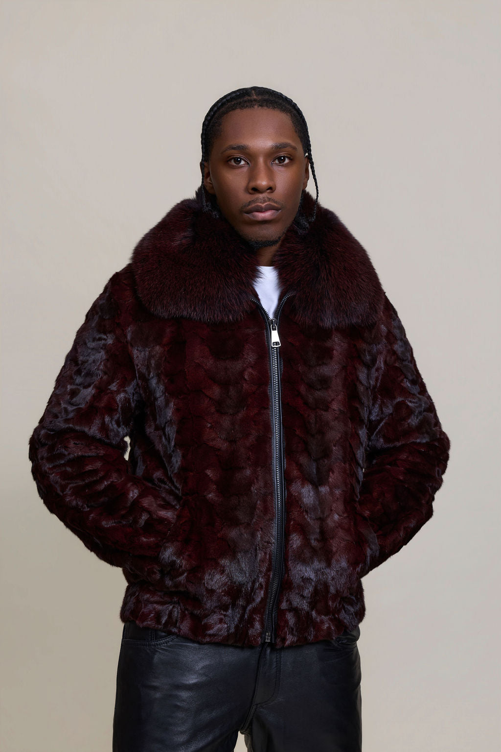 Men's Mink with Fox Fur Bomber Jacket [Wine]