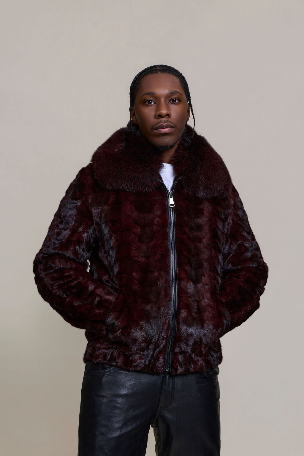 Men's Mink with Fox Fur Bomber Jacket [Wine]