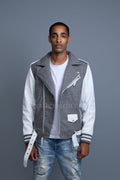 Men's Classic Wool And Leather Biker Jacket [Gray/White]