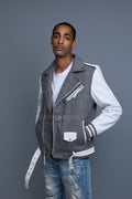 Men's Classic Wool And Leather Biker Jacket [Gray/White]