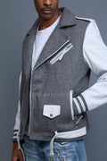 Men's Classic Wool And Leather Biker Jacket [Gray/White]
