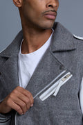 Men's Classic Wool And Leather Biker Jacket [Gray/White]