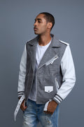 Men's Classic Wool And Leather Biker Jacket [Gray/White]
