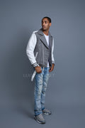 Men's Classic Wool And Leather Biker Jacket [Gray/White]