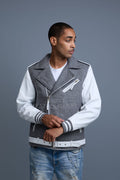 Men's Classic Wool And Leather Biker Jacket [Gray/White]