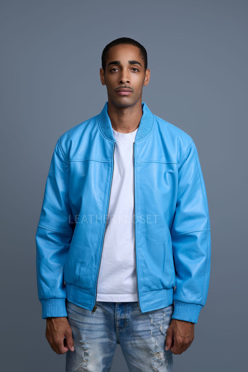 Men's Classic Baseball Leather Jacket [Baby Blue]