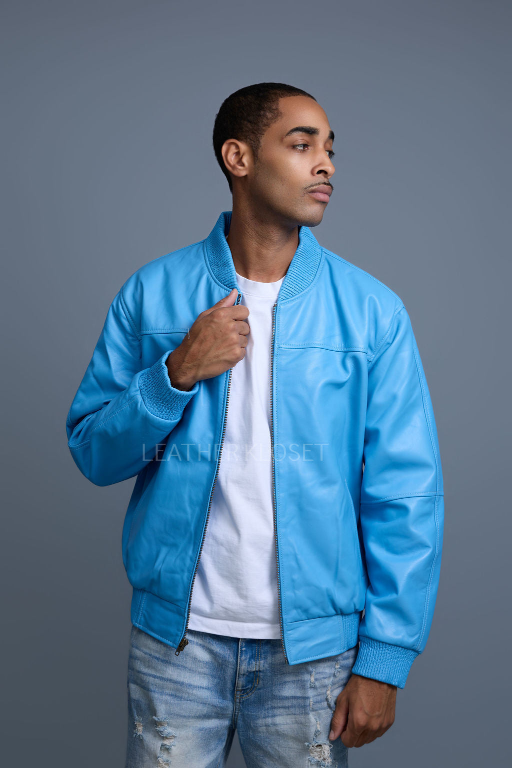 Men's Classic Baseball Leather Jacket [Baby Blue] – LeatherKloset