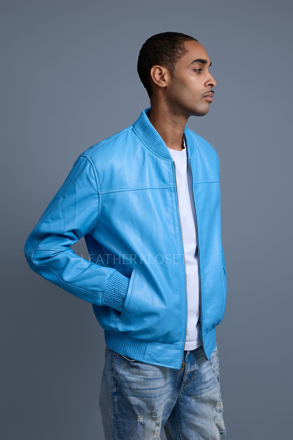 Men's Classic Baseball Leather Jacket [Baby Blue]