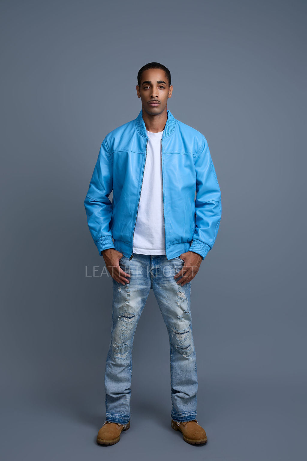 Men's Classic Baseball Leather Jacket [Baby Blue]