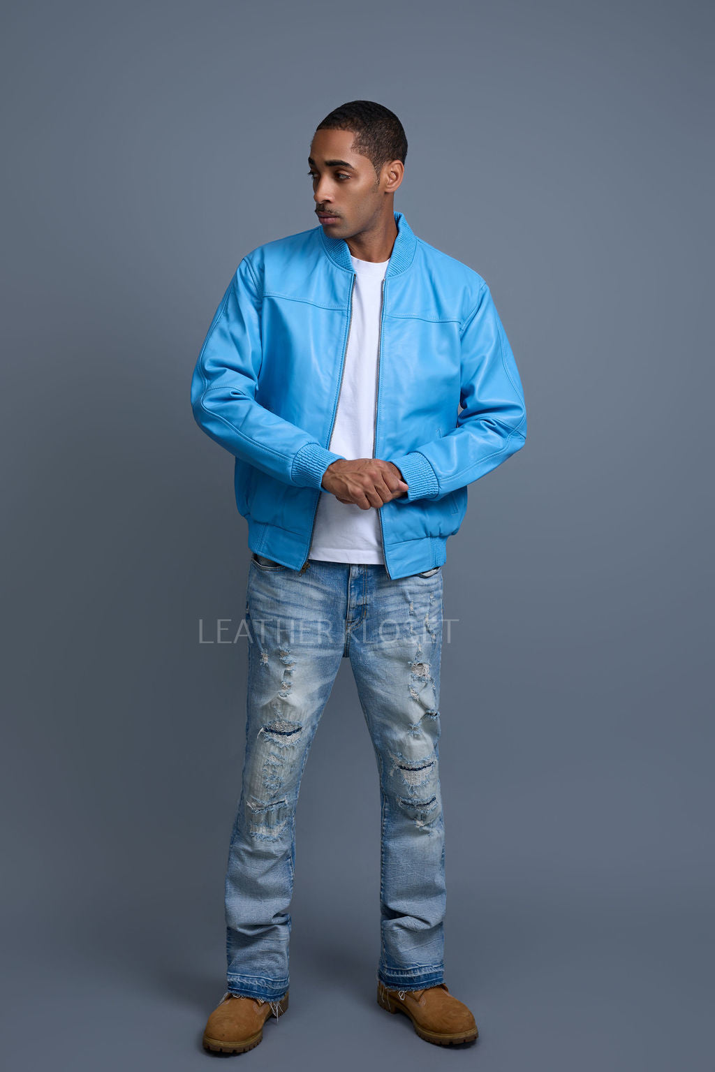 Men's Classic Baseball Leather Jacket [Baby Blue]