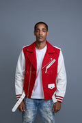 Men's Classic Wool And Leather Biker Jacket [Red/White]