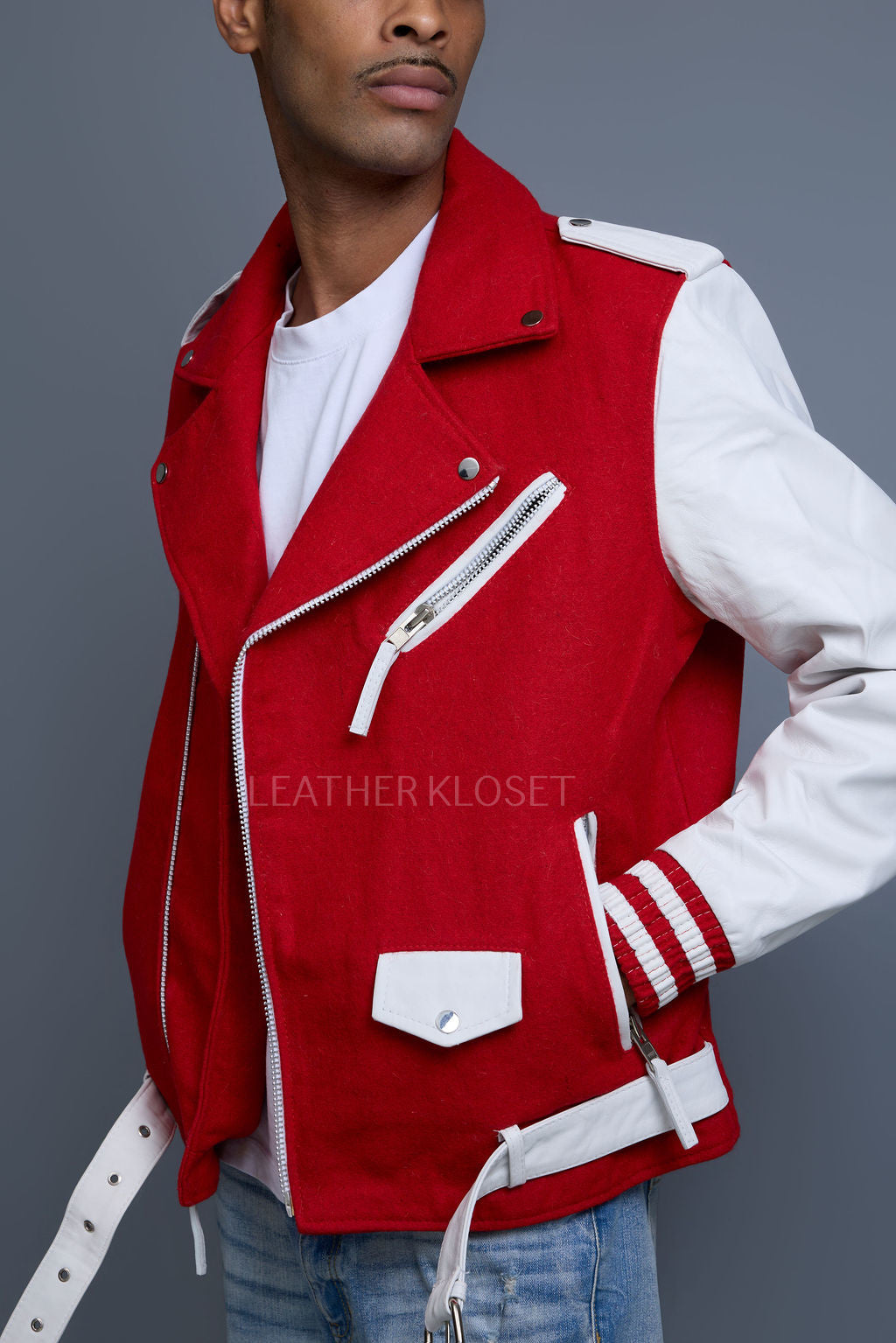 Men's Classic Wool And Leather Biker Jacket [Red/White]