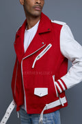 Men's Classic Wool And Leather Biker Jacket [Red/White]