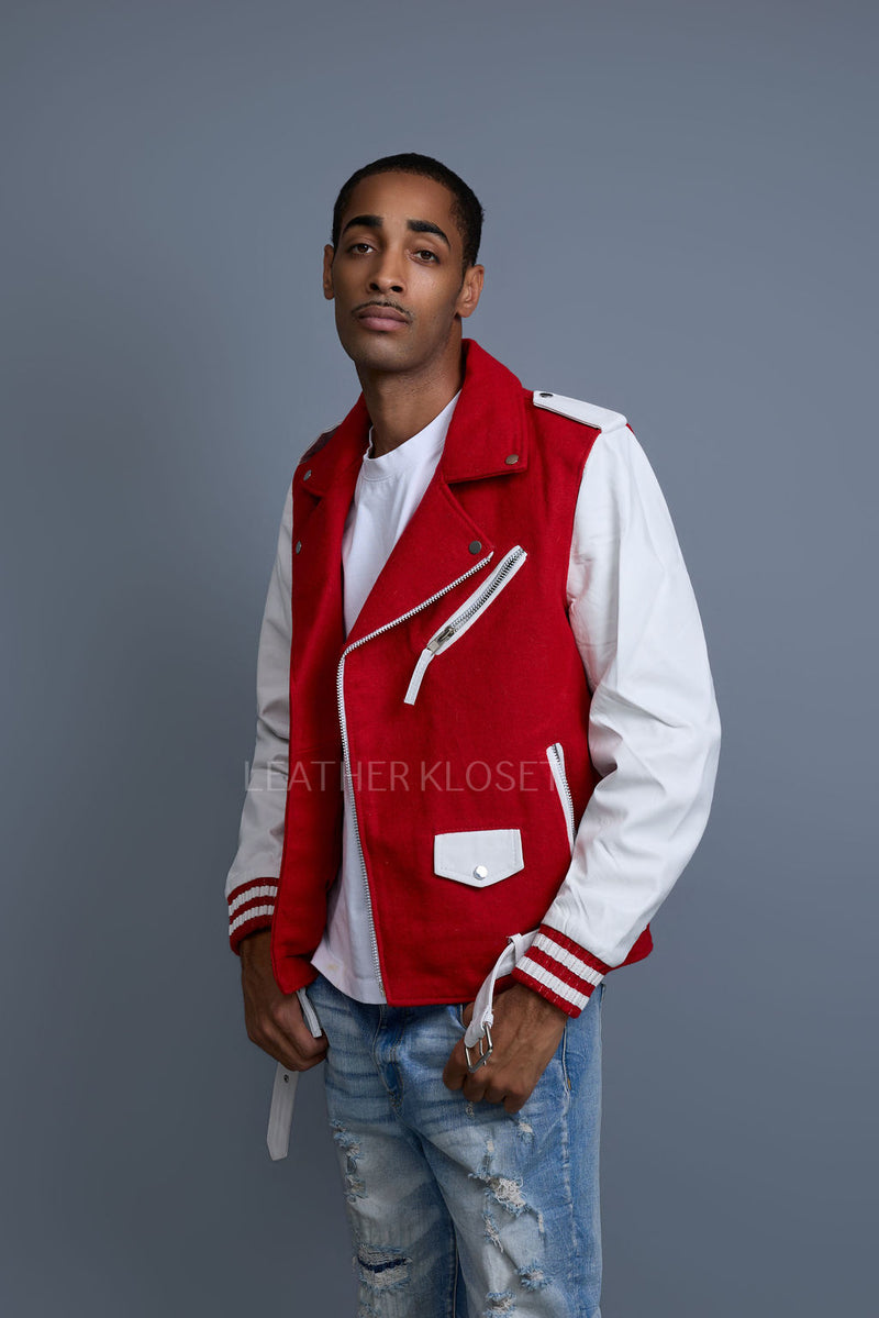 Men's Classic Wool And Leather Biker Jacket [Red/White]