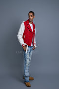 Men's Classic Wool And Leather Biker Jacket [Red/White]