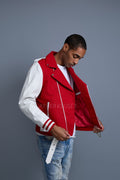 Men's Classic Wool And Leather Biker Jacket [Red/White]