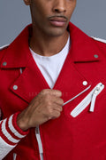Men's Classic Wool And Leather Biker Jacket [Red/White]