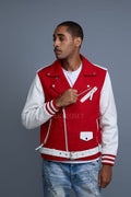 Men's Classic Wool And Leather Biker Jacket [Red/White]