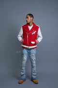 Men's Classic Wool And Leather Biker Jacket [Red/White]
