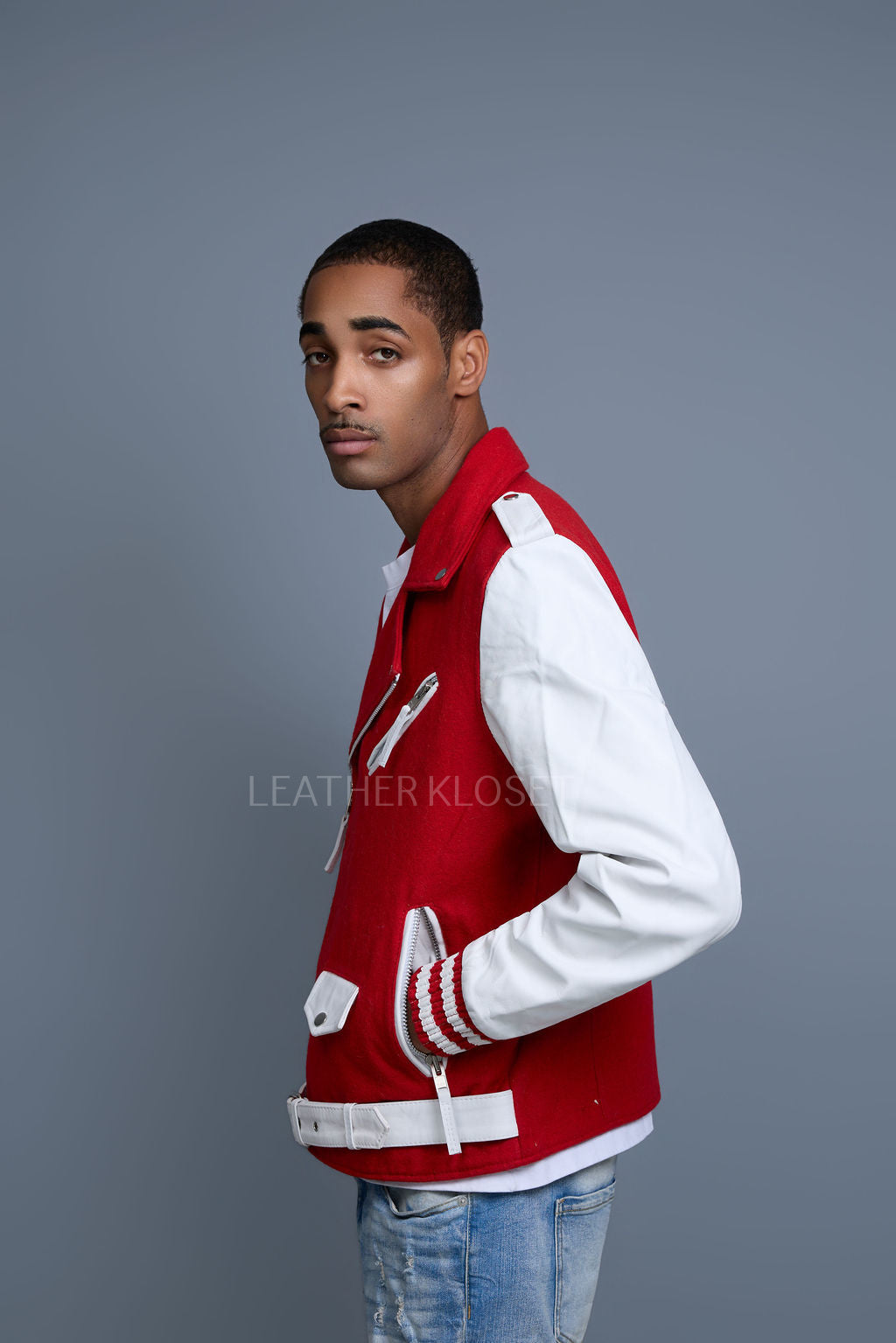 Men's Classic Wool And Leather Biker Jacket [Red/White]