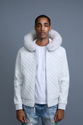Men's Lucas Quilted Leather Bomber Jacket Hood [White]