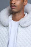 Men's Lucas Quilted Leather Bomber Jacket Hood [White]