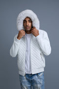 Men's Lucas Quilted Leather Bomber Jacket Hood [White]