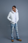 Men's Lucas Quilted Leather Bomber Jacket Hood [White]