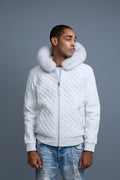 Men's Lucas Quilted Leather Bomber Jacket Hood [White]