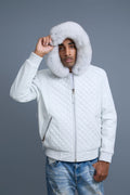 Men's Lucas Quilted Leather Bomber Jacket Hood [White]