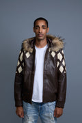 Men's Harlem Leather Bomber Jacket With Raccoon Hood [Chocolate/Beige]