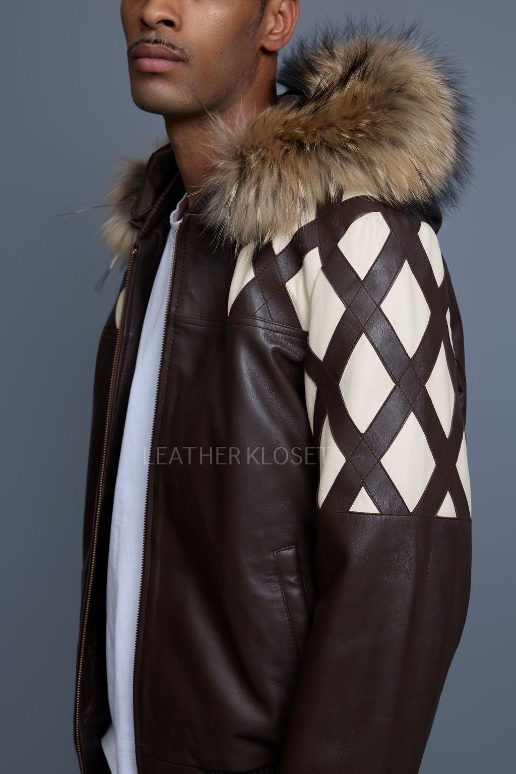 Men's Harlem Leather Bomber Jacket With Raccoon Hood [Chocolate/Beige]