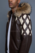 Men's Harlem Leather Bomber Jacket With Raccoon Hood [Chocolate/Beige]