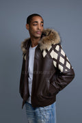 Men's Harlem Leather Bomber Jacket With Raccoon Hood [Chocolate/Beige]