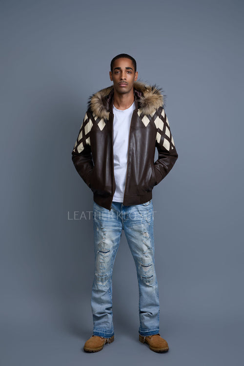 Men's Harlem Leather Bomber Jacket With Raccoon Hood [Chocolate/Beige]