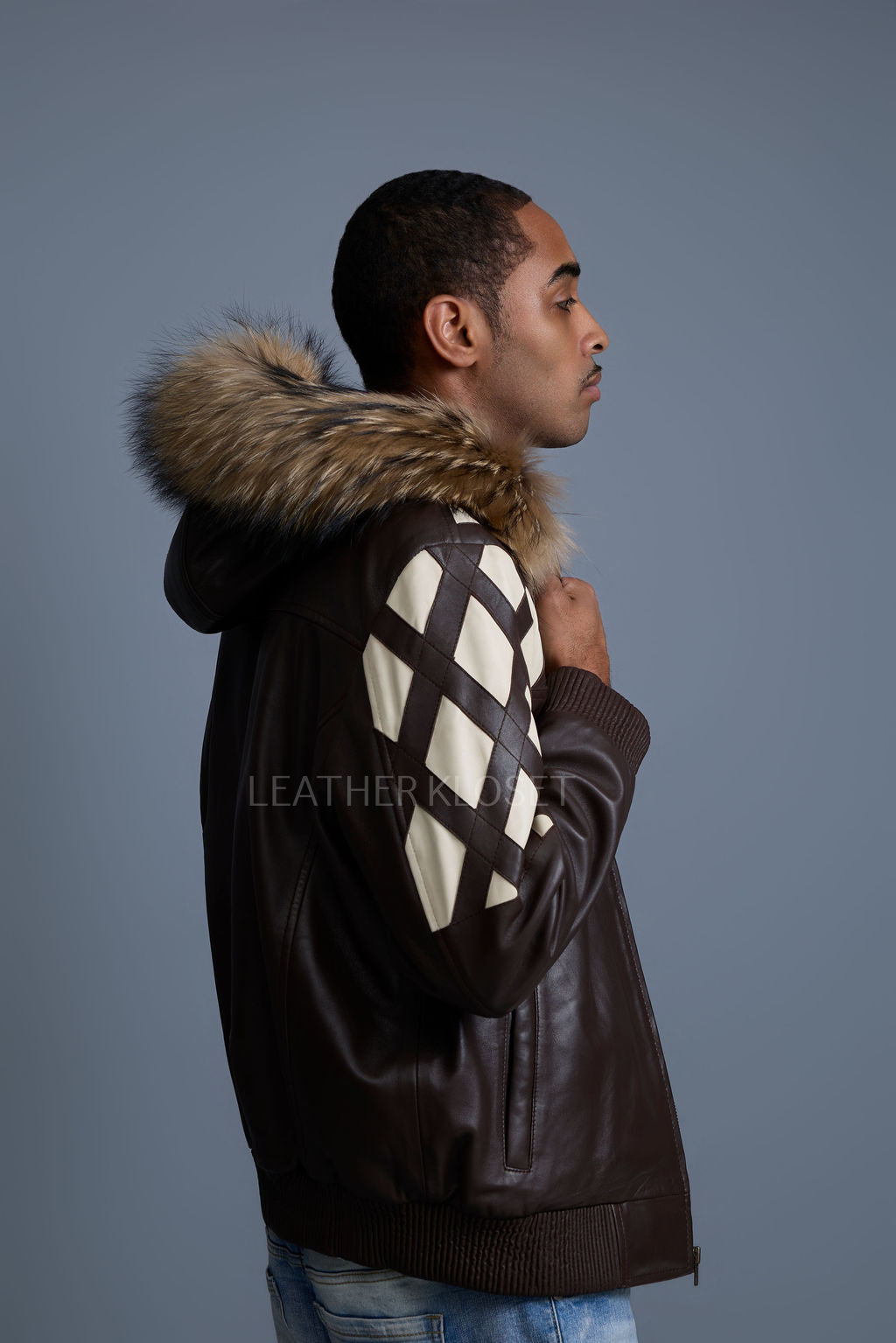 Men's Harlem Leather Bomber Jacket With Raccoon Hood [Chocolate/Beige]