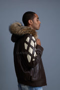 Men's Harlem Leather Bomber Jacket With Raccoon Hood [Chocolate/Beige]