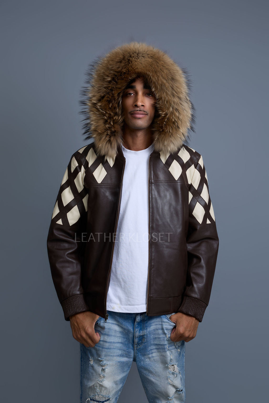 Men's Harlem Leather Bomber Jacket With Raccoon Hood [Chocolate/Beige]