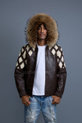 Men's Harlem Leather Bomber Jacket With Raccoon Hood [Chocolate/Beige]