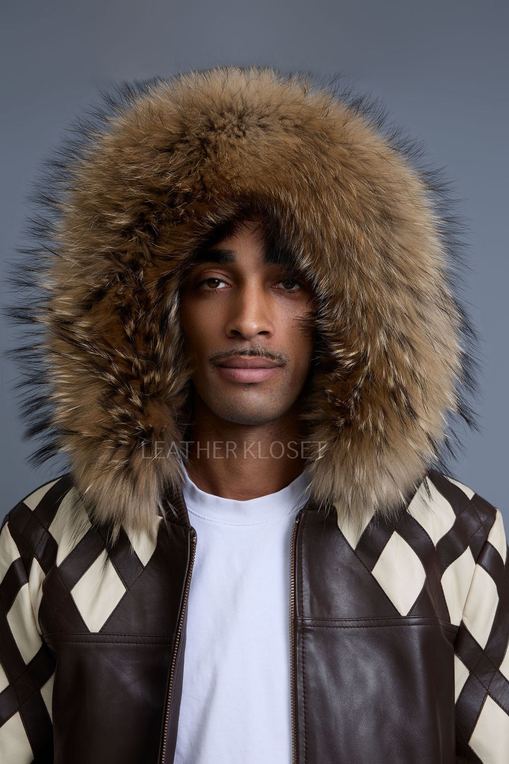 Men's Harlem Leather Bomber Jacket With Raccoon Hood [Chocolate/Beige]