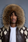 Men's Harlem Leather Bomber Jacket With Raccoon Hood [Chocolate/Beige]