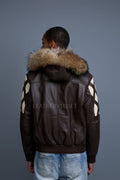 Men's Harlem Leather Bomber Jacket With Raccoon Hood [Chocolate/Beige]