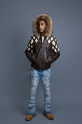 Men's Harlem Leather Bomber Jacket With Raccoon Hood [Chocolate/Beige]