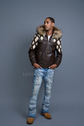 Men's Harlem Leather Bomber Jacket With Raccoon Hood [Chocolate/Beige]
