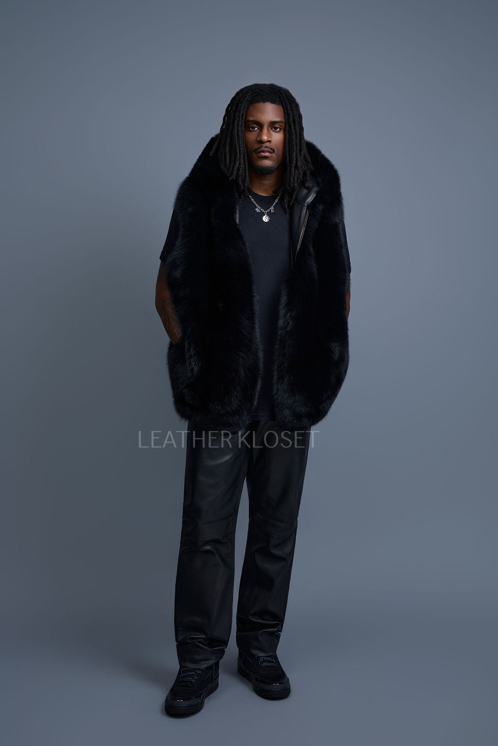 Men's Christopher Fox Fur Vest With Hood [Black]