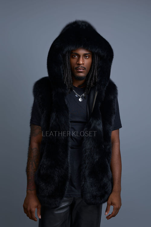 Men's Christopher Fox Fur Vest With Hood [Black]
