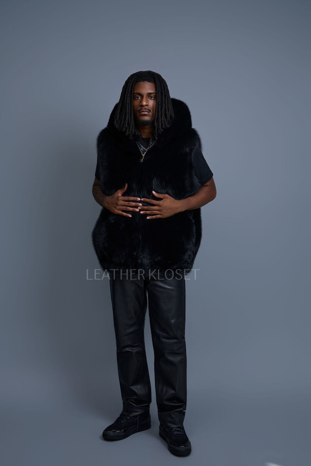 Men's Christopher Fox Fur Vest With Hood [Black]
