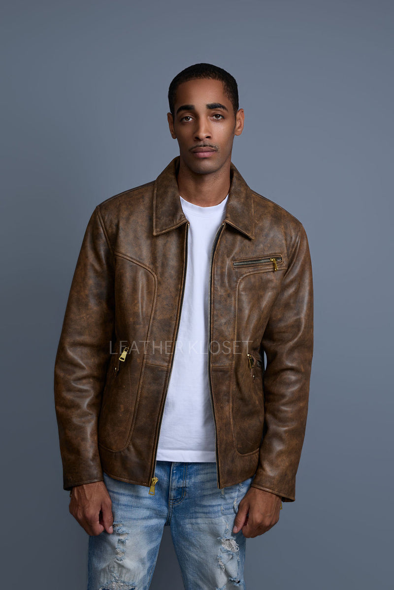 Men's Justin Distressed Leather Jacket [Antique Brown]