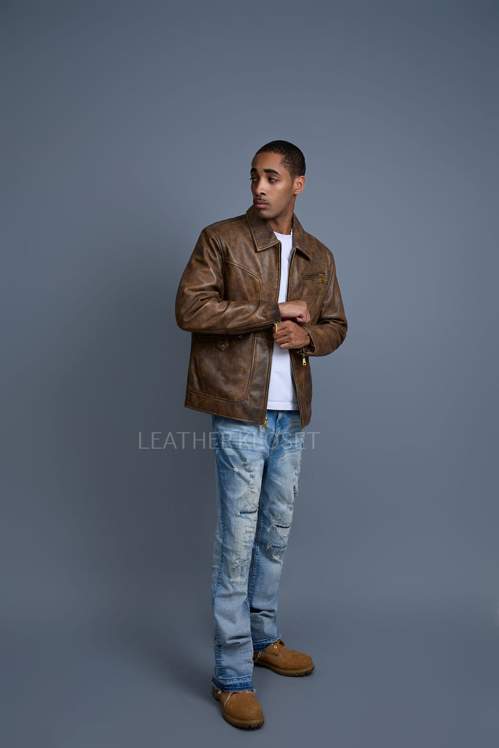 Men's Justin Distressed Leather Jacket [Antique Brown]