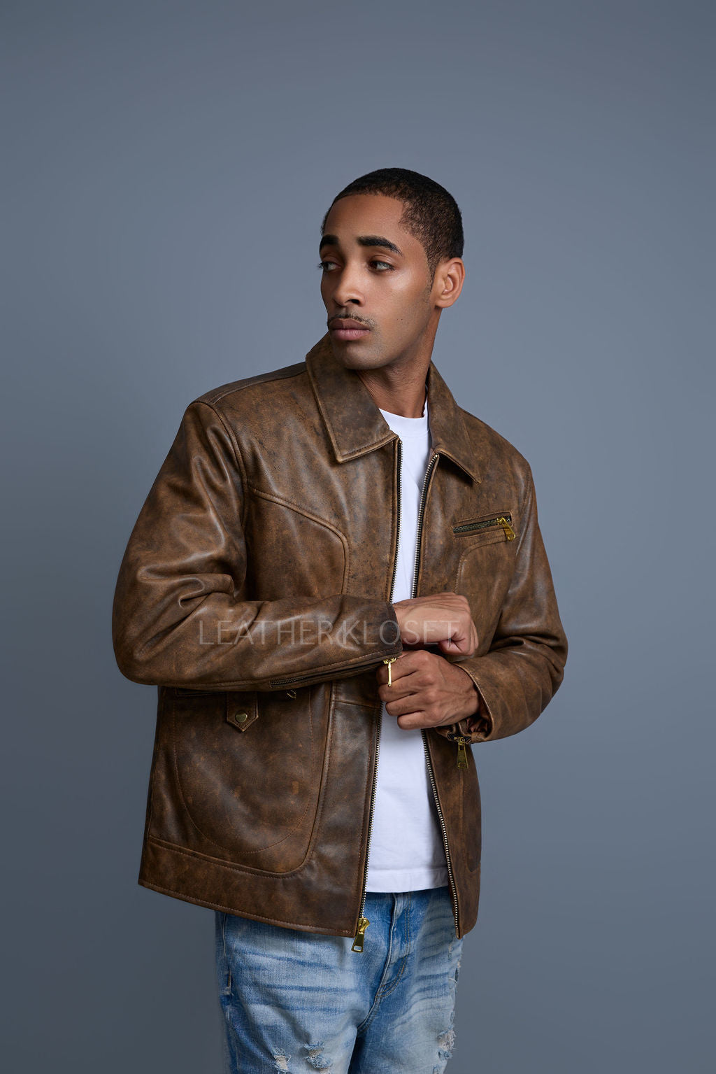 Men's Justin Distressed Leather Jacket [Antique Brown]